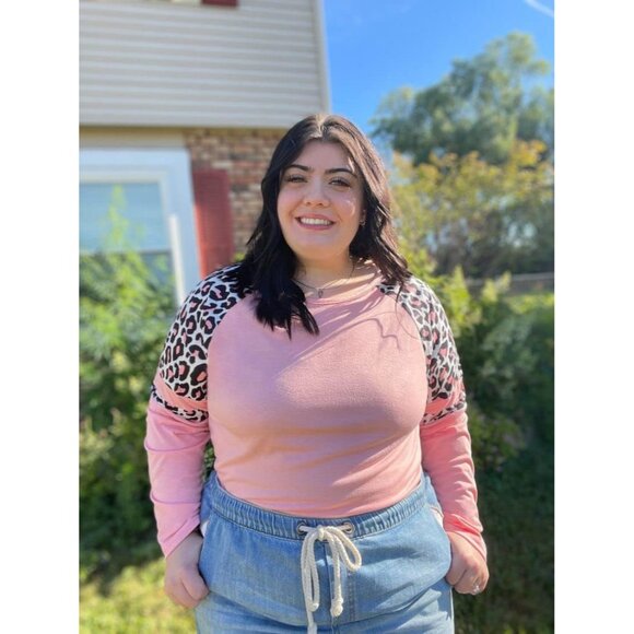 Plus Size Long Sleeve Raglan Top Color Block Leopard Plaid Comfortable - Picture 2 of 6